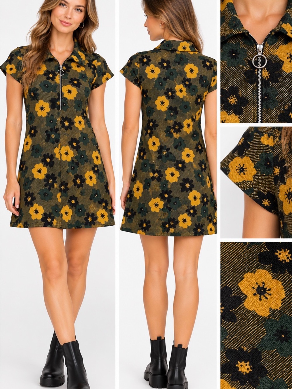 Urban Outfitters M Floral Jacquard Half Zip Polo Mini Dress Retro